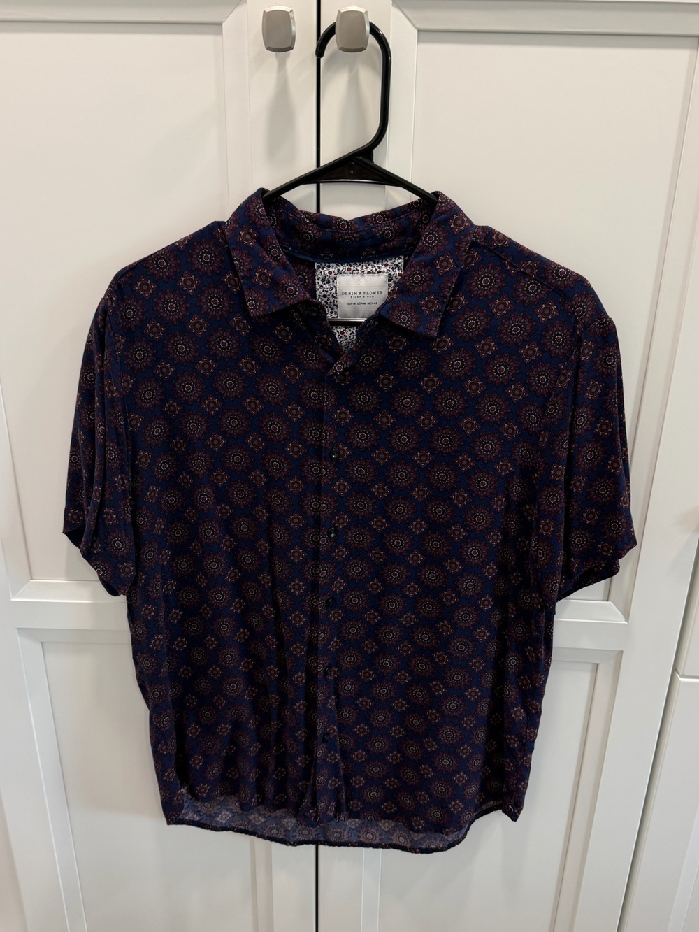 Denim & Flower Navy Short-Sleeve Polo with Orange Medallion Print